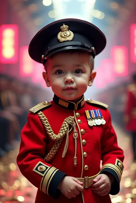 Cute baby with very big head wearing Royal Artillery uniform and military hat in fashion show Realistic style Full body