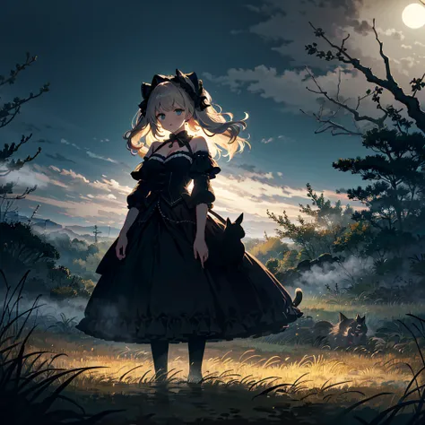 (Lolita Fashion Style: 1.2), Fun Day, Sharp Focus, Dark and Creepy Creatures, (Rembrandt Lighting: 1.5), Steam, Before Sunrise, Early Morning, Still Dark, Woman, Bare Shoulders, Cleavage, Village, Before work, with heavy weapons for battle, (fog: 1.4), dar...