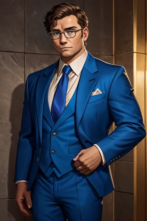 arafed man in a blue suit and tie standing in front of a wall with lights, professional picture, wearing a suit and glasses, album photo, blue gold suit, wearing suit and tie, brad, wearing a suit and tie, greg rutwoski, wearing a suit and a tie, matthew s...