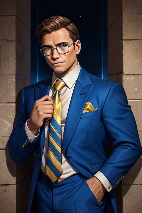 arafed man in a blue suit and tie standing in front of a wall with lights, professional picture, wearing a suit and glasses, album photo, blue gold suit, wearing suit and tie, brad, wearing a suit and tie, greg rutwoski, wearing a suit and a tie, matthew s...