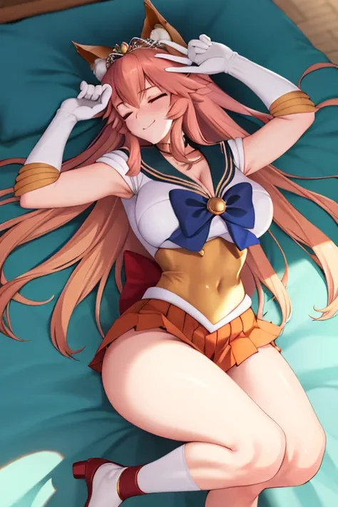 masterpiece, high definition, best quality, rendered art, well formed hands, fingers and body, 1 woman, solo, Tamamo No Mae, 31 years old, fox ears and fox tail, adult, grown up, wearing Sailor Moons outfit, big breasted, cleavage, full body, sexy sailor s...