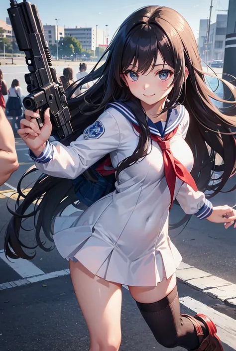 One person, High resolution, Long Hair, Gaze, smile, masterpiece, accurate, Highest quality, Ultra high definition, Large Breasts, Sailor suit、high school girl、hoot the handgun、Urban background、Shoot a handgun、battlefield、machine gun
