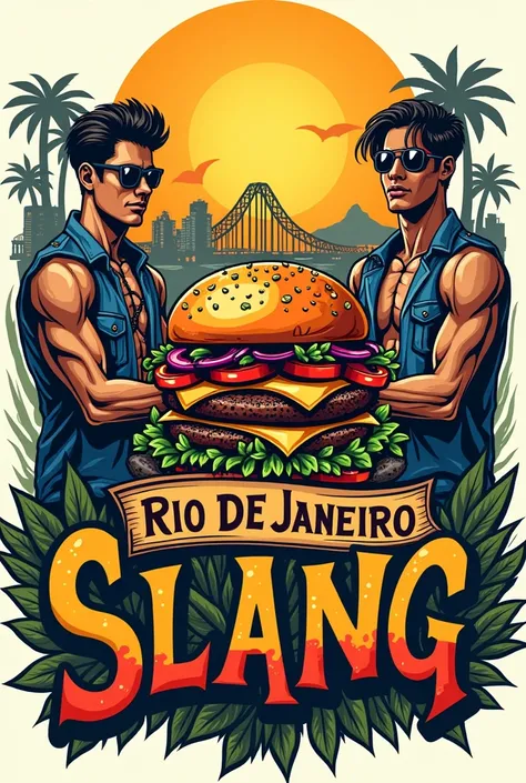 Create a craft burger logo with the title of "Rio de Janeiro slang" with thug figures, Cheap, bars, Rio de Janeiro and Lapa.