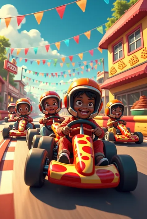 Crée-moi une bande de personnages amateurs de pizzas en karting surboosté inspiré de Mario kart mais libre de droit dauteur pour décorer ma pizzeria devant le karting électrique 