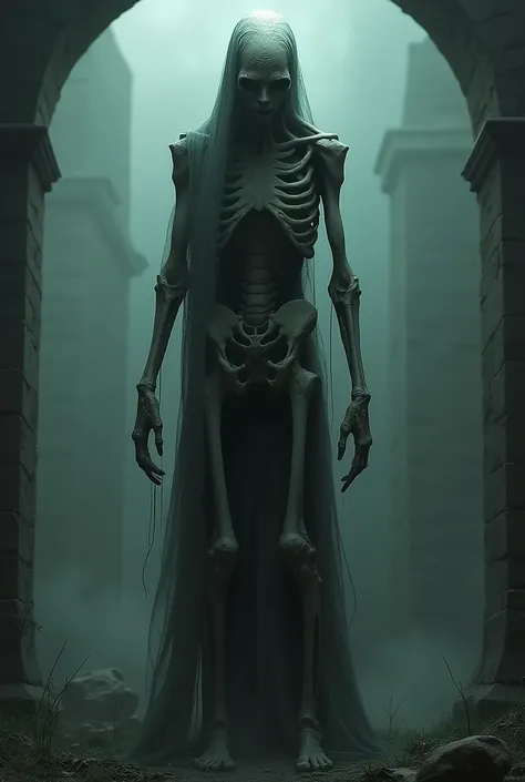 Draw me a scary character that is easy to draw and has the following: tall and looks like he is dying., inhuman form and that has a realistic type of shading 