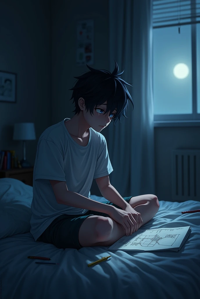 Anime boy crying in his bedroom, night, master piece, best quality,dark room,dark,asethetic,sad