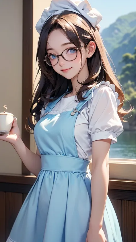 One Girl(High resolution, masterpiece, accurate, Anatomically correct), ((Landscape、Wearing glasses、A happy look、holding a tray with coffee.))、(Hair the color of water, with ends that are fluffy、Light blue eyes)、((Cute summer maid outfit with short sleeves...