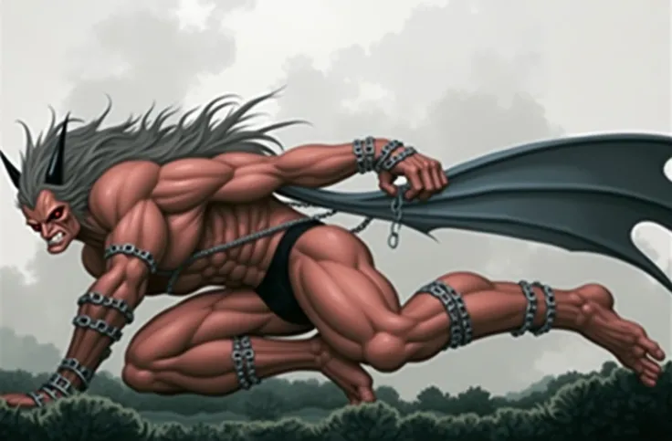 hairy chest, body only, muscular, red skin, dark gray hair, knight kneeling, huge pecs, huge body, big arms, eight-pack abs, black jockstrap, big bulge with balls, chain bind around body, Lu Bu, bat wings, two black small horns, demon, red pupils, red iris...