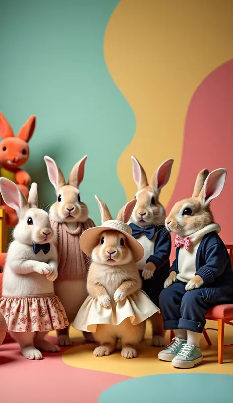 5 rabbits wearing clothes, studio 