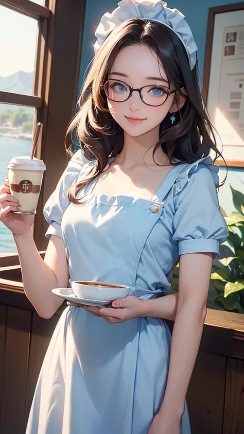 One Girl(High resolution, masterpiece, accurate, Anatomically correct), ((Landscape、Wearing glasses、A happy look、holding a tray with coffee.))、(Hair the color of water, with ends that are fluffy、Light blue eyes)、((Cute summer maid outfit with short sleeves...