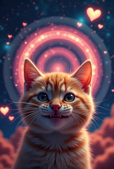 Close-up of cat face, Space in the background (Beautiful shining stars and galaxies), Space Cat, Large target "!?" on the screen is written in Large target letters on the screen,Heart symbol、Cute selfie，angry expression、Smile