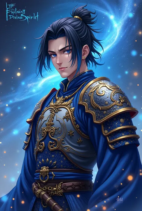 put the name: (The Eminent Divine Spirit), written in the drawing. Create a character, MALE with a JAPANESE ANIME ARMOR WARRIOR style in a cosmic environment, black hair with a cobalt blue strand in a single hair, cobalt blue eyes. Dont forget to put the n...