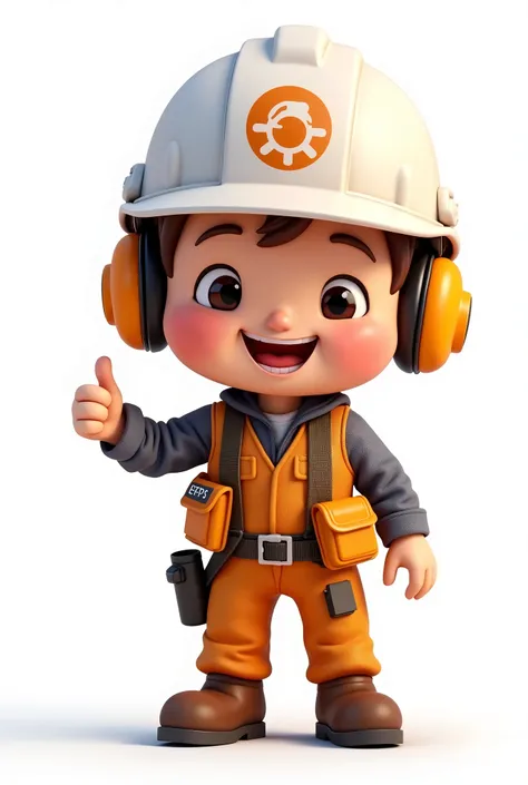 engineer cartoon character with big cute head with thumb up and white helmet and company logo with white background and only half body in mining with epps 
