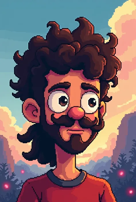 create a brown pixelated character, curly mullet hair, with a sleepy face, marked jaw, dark brown mustache and goatee, about 20 years