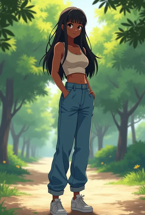 Anime style drawing of a strong, dark-skinned girl with long hair tied at the front, full body, shy, wearing clothes.