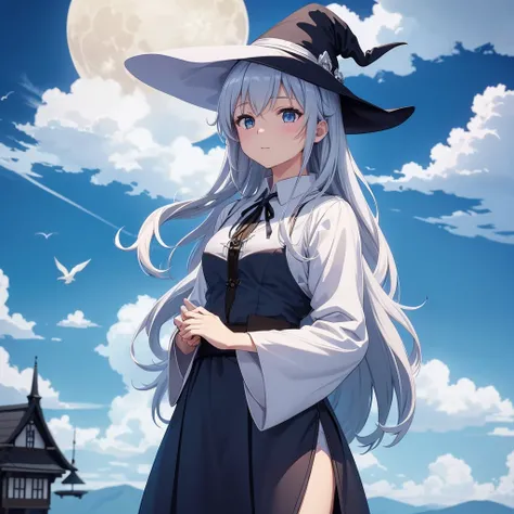 best quality, Very detailed, masterpiece, Extremely detailed, cloud, witch_have, have, 1 Girl, sky空, blue_sky空,sky, long_hair, cloudy_sky空, moon,bird, Solitary, silver_hair, witch, outdoor 