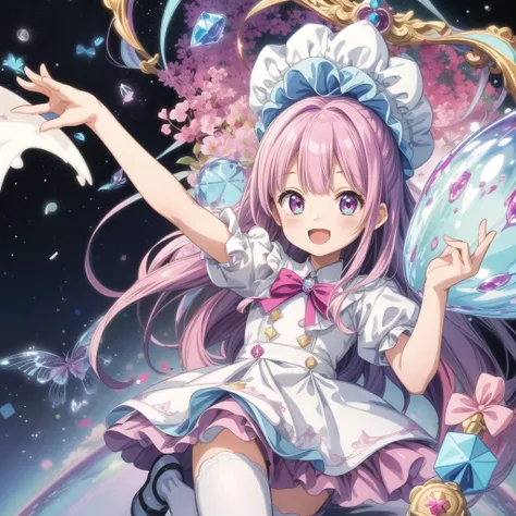 1girl,(((Highest quality、Masterpiece、Official Art、Dynamic composition、Super detailed、Perfect Anatomy)))、Milky white and magenta hair color、Magenta and blue palette、happiness、Happiness、Creative new hairstyle、Unique clothing、Sparkling、mirrornun、A cute, giant...