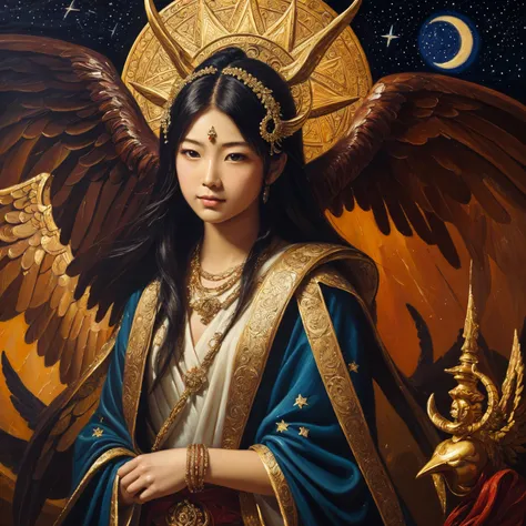 (Tabletop, Highest qualityの, (((((woman)))))、Highest quality, Official Art, (beautifully、beautiful:1.4), (Oil painting:1.4) ),（（male）） (lucifer), God of Japanese God Stories々々, fleeting beauty, A mysterious god illuminated by the starry sky, Winged Angel、g...