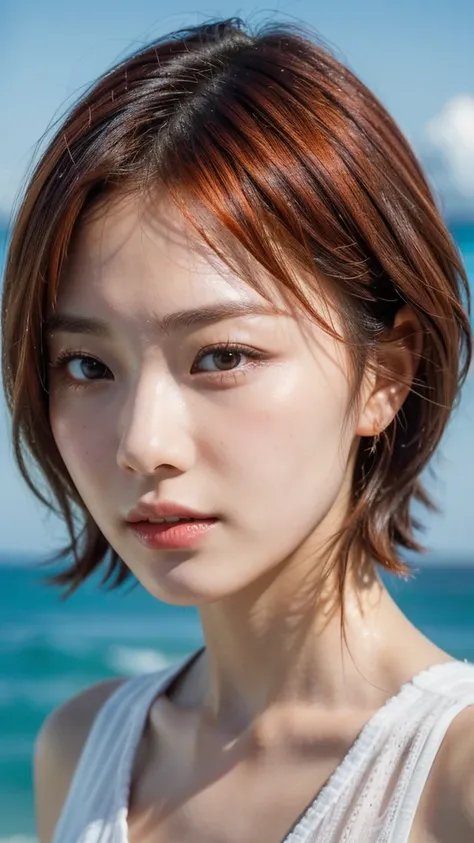 Model actress、One Woman、cool、Japanese and half European、Close-up of face、30 generation beauty、Realistic Skin、4K images、bright orange hair、Short Hair、Seaside