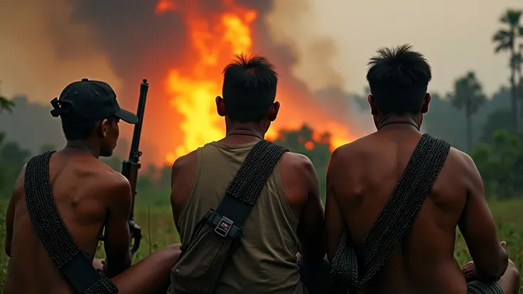 Three old Indonesian hunters wearing black beaded backpack straps sit by a gun during the day in front of a forest fire 8k  