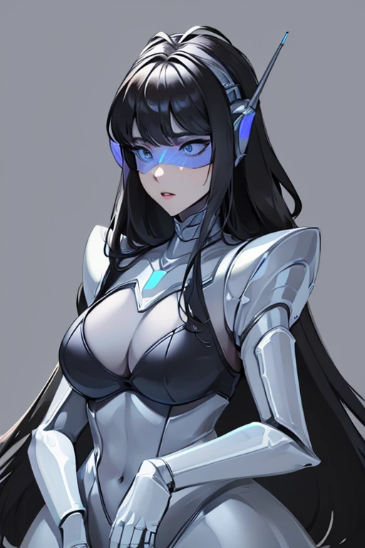 empty eyes,robotized woman ,big bust,Robot Joint ,Metal skin,Black Suit,long hair,a suit that covers the whole body,mechanization,robot, antenna