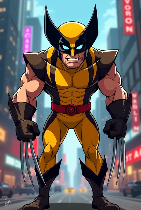 Cartoon wolverine with the yellow and brown suit The sides are yellow And the chest is brown and he Has claws And a yellow cowl
