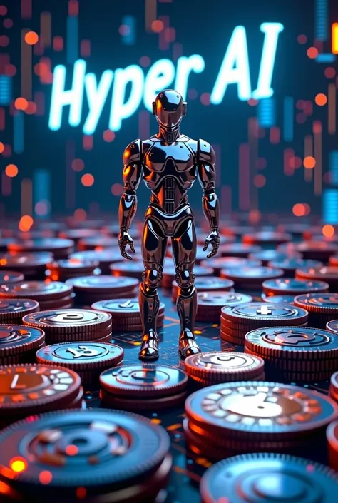 Act as an expert designer and create an image that contains the cryp tocoins in relief, the image of a 3d robot and the word "Hyper AI 2.0" background 