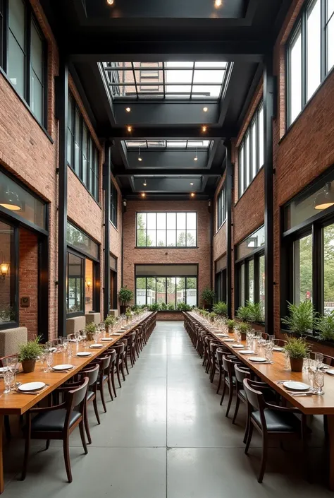 Image of a small hall that fit 100 table, made out of bricks and glass, looks like vintage and minimalist, and have parking underneath 