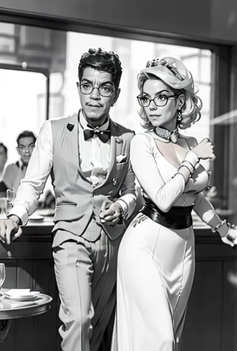 the picture shows a couple: cantinflas wearing an elegant tuxedo, sitting at a restaurant table with a spectacled blonde who is ...