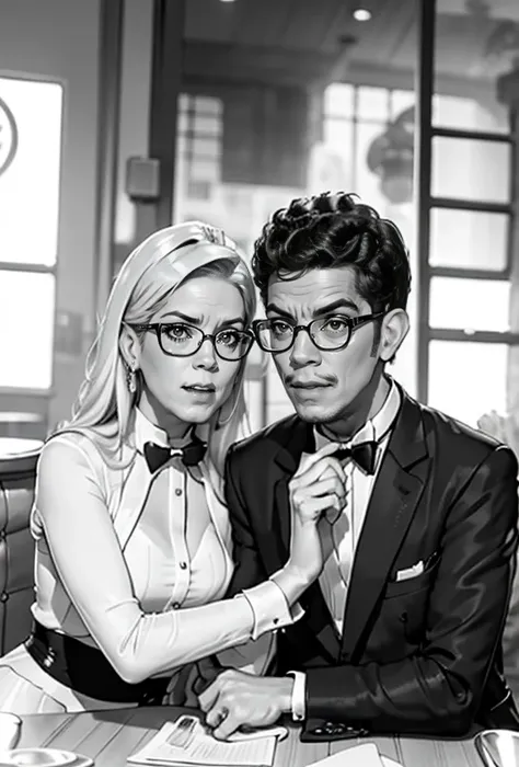 the picture shows a couple: cantinflas wearing an elegant tuxedo, sitting at a restaurant table with a spectacled blonde who is ...