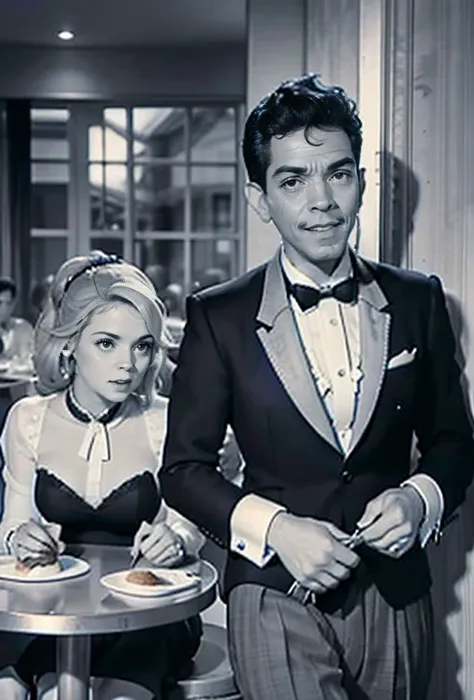 the picture shows a couple: cantinflas wearing an elegant tuxedo, sitting at a restaurant table with katjakeanquiron woman who i...