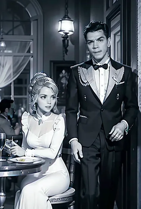 the picture shows a couple: cantinflas wearing an elegant tuxedo, sitting at a restaurant table with katjakeanquiron woman who i...