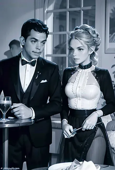 a vibrant image showing a couple: cantinflas wearing an elegant tuxedo, sitting at a restaurant table with katjakeanquiron woman...