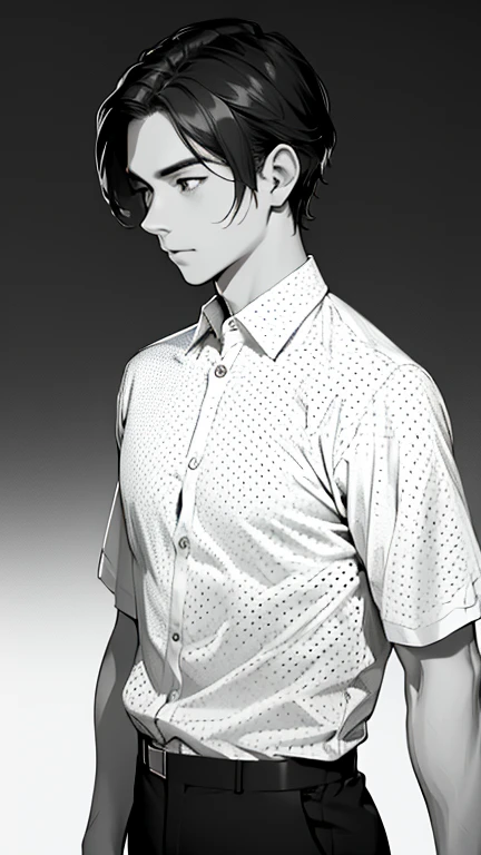 Black and white gradation polka dot background、A man in a black and white gradient shirt