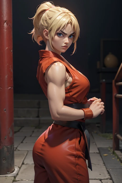 ken masters de street fighter versión mujer, sexy girl, beautiful face, poderosa, traje sexy de artes marciales color rojo, youn...