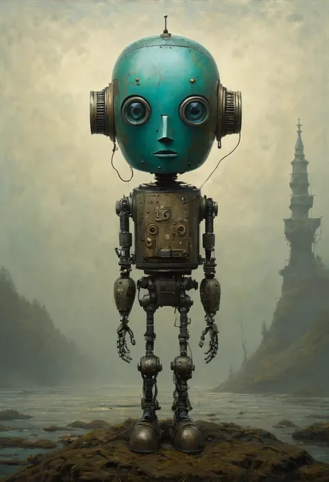 Full length view. Little funny robot, porcelain face and head, big turquoise eyes, perfect eyes, best quality. Beautiful cinematic impressionistic painting, Dark dramatic character. In the style of Andrew Wyeth, Charlie Bowett, Albert Joseph Penaud, Darius...