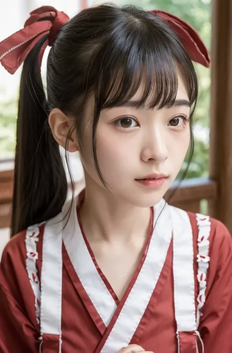 ((highest quality, 8k, )), beauty, one of the japan, black hair, 18-year-old, blunt bangs, lower ponytail, face focus, detailed ...