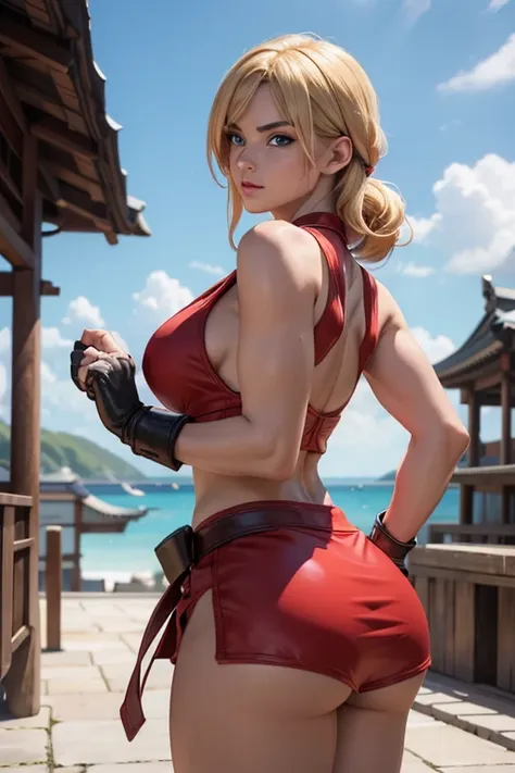 Ken Masters de Street Fighter versión mujer, sexy girl, beautiful face, poderosa, traje sexy de artes marciales color rojo, young, skynny body, small and beautiful buttocks, toned abdomen, beautiful breasts, obscene, sensual, esta en el muelle de embarcaci...