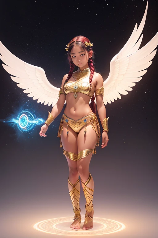 A young 15- yr old native asian girl with lovely charminvg face,( dark skin texture masterpiece), (perfect full body detailed anatomy), (Super accessories detailed), (meditating ), (perfect detailed glowing bright eyes),(short braided illuminating ruby hai...