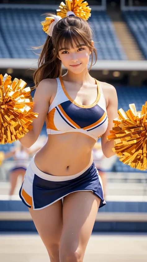 masterpiece,Highest quality,Very detailed,High resolution,(Realistic,photoRealistic:1.37),Excellent anatomy,One beautiful woman,18-year-old,height:152 cm,orange cheerleader,(Holding big pom-poms in both hands:1.5),smile,cheer leading,Cheerleader uniform,(s...