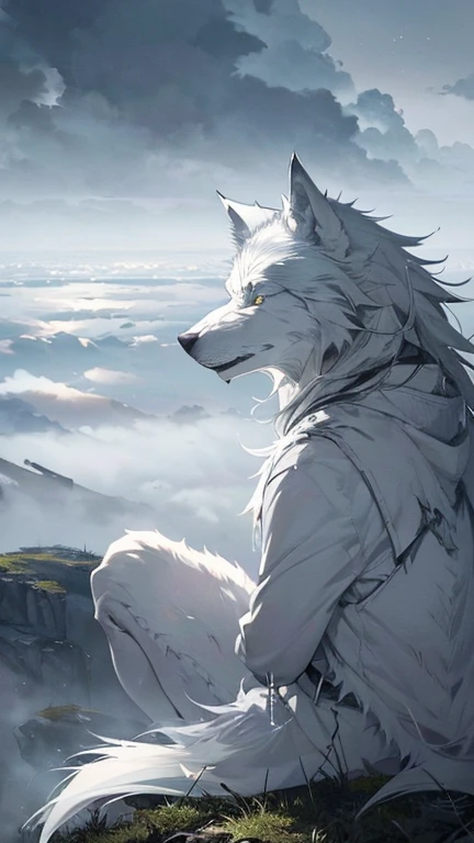 close, Atmospheric perspective、((Gray, Foggy world、Remains、、The white wolf next to me))、dim、The end of the world、Sad landscape