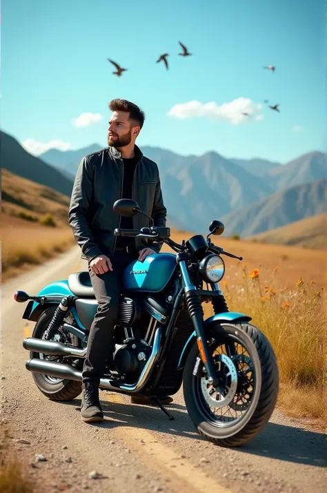 The man is standing near the blue motorcycle.