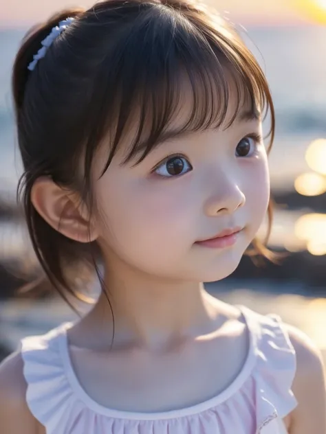 masterpiece, 8k, 10 years old, adorable, very pretty, adolescent, seaside,  japanese girl, (portrait, close-up:1.2),exposed fore...