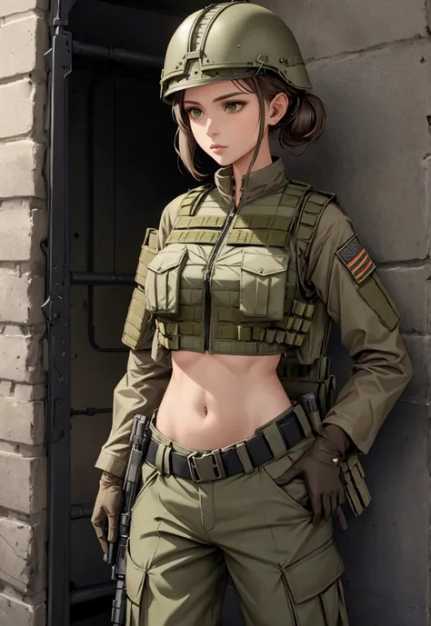 women in crop top military bulletproof vest , military green cargo pants, belt, military helmet, tactical, (open navel),