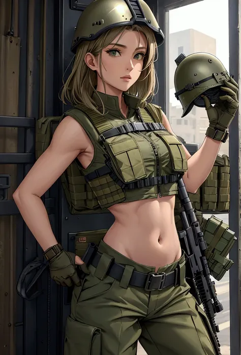 women in crop top military bulletproof vest , military green cargo pants, belt, military helmet, tactical, (open navel),