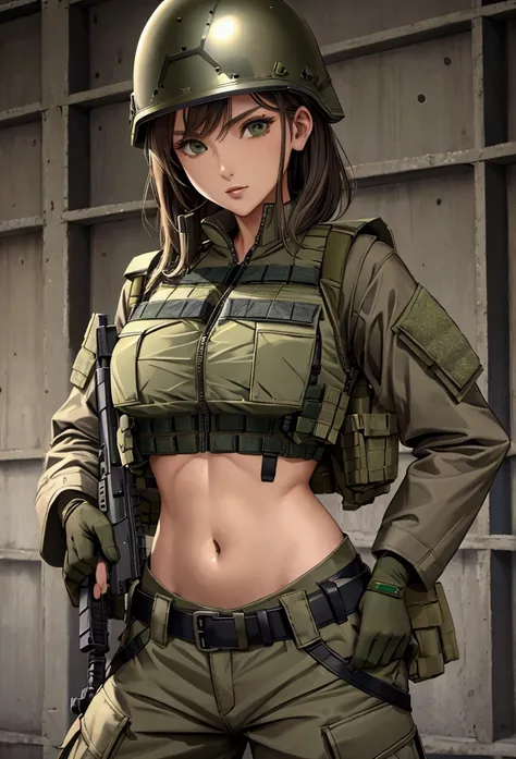 women in crop top military bulletproof vest , military green cargo pants, belt, military helmet, tactical, (open navel),