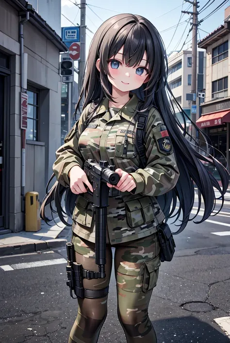 One person, High resolution, Long Hair, Gaze, smile, masterpiece, accurate, Highest quality, Ultra high definition, Large Breasts, high school girl、hoot the handgun、Urban background、Shoot a handgun、Sniper、special forces、Multicam camouflage uniform
