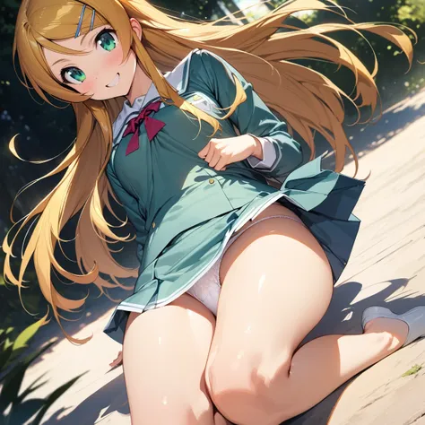 (masterpiece),(Highest quality),(Very detailed),(Best illustrations),(Best Shadow),(Natural background),(so beautiful), kirino kousaka, Blonde, Long Hair, Hair Clip, Green Eyes, bangs, Schoolgirl uniform,Captivating smile,whole body,Showing off,White panti...