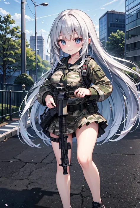 One person, High resolution, Long Hair, Gaze, smile, masterpiece, accurate, Highest quality, Ultra high definition, Large Breasts, high school girl、mini skirt、Urban background、Pistol、Sniper、special forces、Multicam camouflage uniform、Assault rifle、ar15