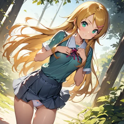 (masterpiece),(Highest quality),(Very detailed),(Best illustrations),(Best Shadow),(Natural background),(so beautiful), kirino kousaka, Blonde, Long Hair, Hair Clip, Green Eyes, bangs, Schoolgirl uniform,Captivating smile,whole body,Showing off,White panti...